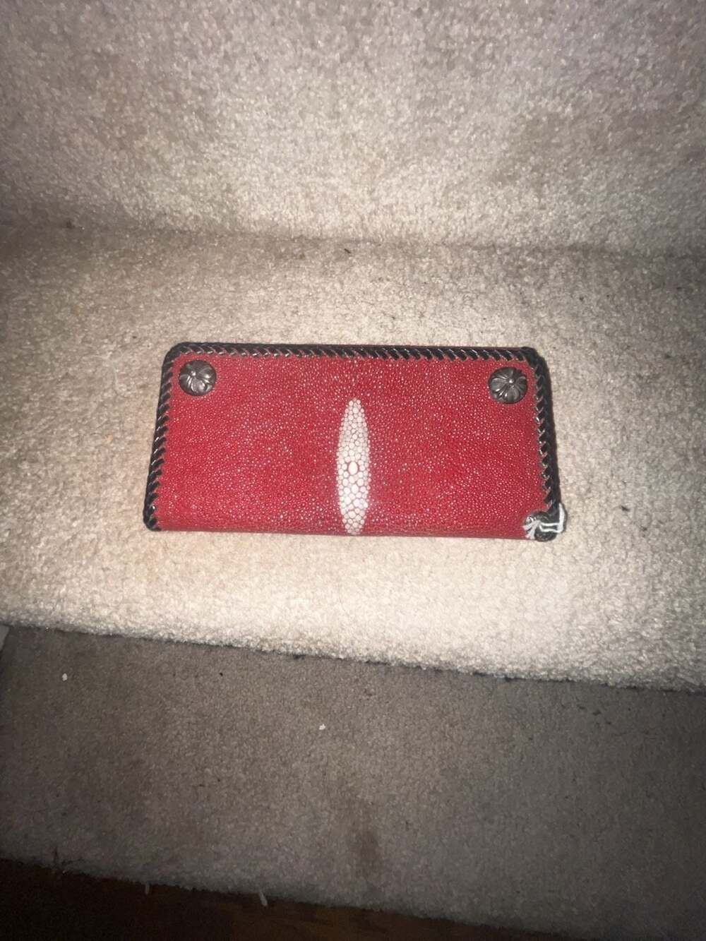 Red Leather Trifold Biker Wallet with Snap Detail